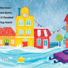 A vibrant scene from "Big P Takes a Fall (and That’s Not All)" by Schiffer Publishing, Ltd.: cartoon buildings, heavy rain, flooding streets, and a dog in a boat with a purple car and cheese on this lively alphabet adventure.