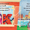In Big P Takes a Fall (and That’s Not All) by Schiffer Publishing, Ltd., animated letters face rising waters and a broken bridge as rain pours on colorful houses, while rhyming text narrates their alphabet adventure and concern.