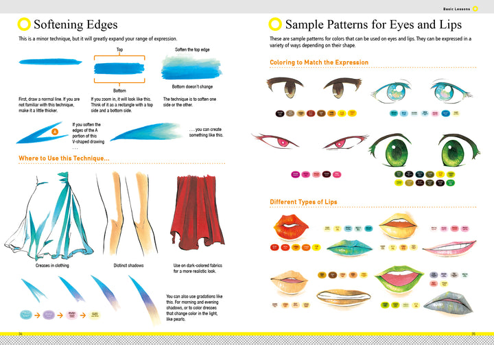 The tutorial page from "How to Render Attractive Characters with COPIC Markers" by Schiffer Publishing, Ltd. covers softening edges for fabric and hair and offers sample manga eyes and lips in various styles with tips on coloring expressions.