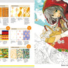 A girl with gray hair, green eyes, and a floral red hooded cloak holds daisies. The left side shows manga techniques, fabric swatches, and text on character creation with COPIC markers from "How to Render Attractive Characters with COPIC Markers" by Schiffer Publishing, Ltd.