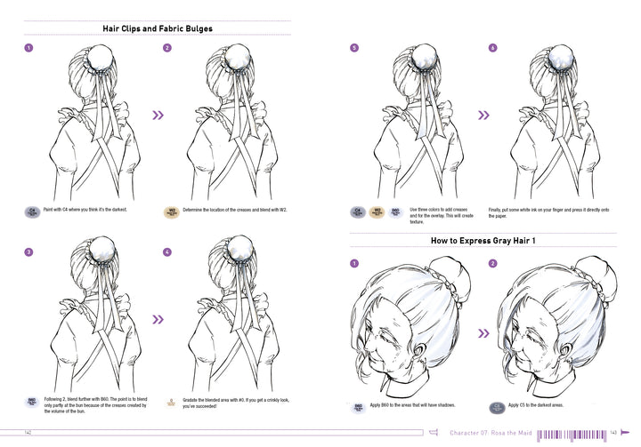 The book "How to Render Attractive Characters with COPIC Markers" by Schiffer Publishing, Ltd. teaches how to add hair clips, fabric bulges, and gray hair to bun-and-apron characters with sketches and concise text instructions.