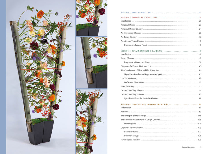 A vibrant floral arrangement in a black geometric vase is displayed from multiple angles beside the table of contents for "The AIFD Guide to Floral Design" by Schiffer Publishing, Ltd.