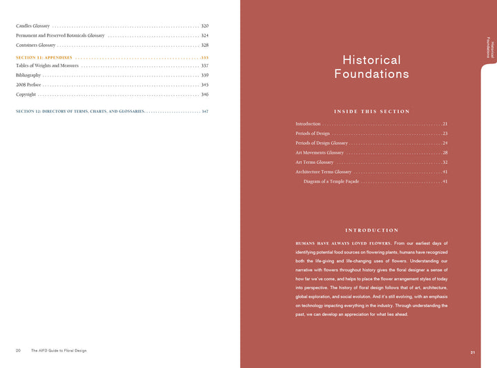 In The AIFD Guide to Floral Design by Schiffer Publishing, Ltd., a two-page spread features the table of contents on the left and the Historical Foundations section—highlighting Roman floral design—on the right, ideal for exploring floral design roots.