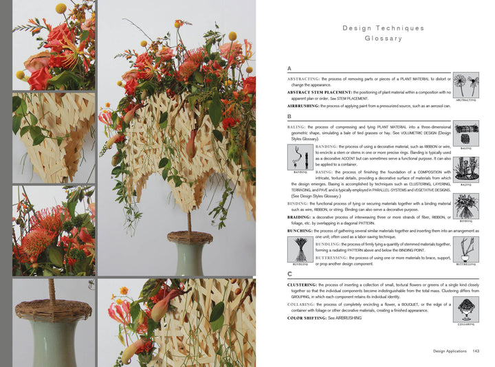 A page from "The AIFD Guide to Floral Design" by Schiffer Publishing, Ltd. features four photos of a vase with an elaborate arrangement and a glossary of floral design terms with black-and-white icons.