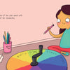 A young inventor sits on the floor with colored pencils, labeling a colorful spinner for "Geraldine and the Rainbow Machine" by Schiffer Publishing, Ltd. Papers and mail surround her, a pencil cup is nearby, and wall instructions guide her process.