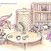 In Schiffer Publishing, Ltd.’s "Traveling Rose," three animals—a bunny in floral pajamas, a mouse, and a tutu-clad rhino—have a cozy tea party at a low table surrounded by books and toys.