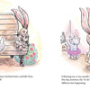 In Traveling Rose by Schiffer Publishing, Ltd., a tutu-clad rhino and a dress-wearing rabbit play on a park bench; next, the rabbit points at a checklist as the rhino watches. The vibrant, whimsical art is ideal for children's books.