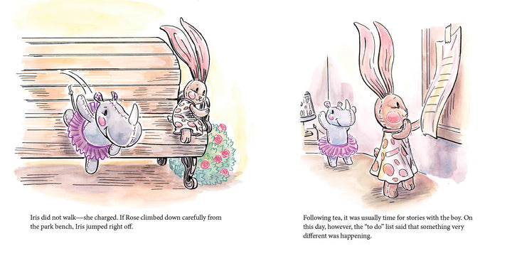 In Traveling Rose by Schiffer Publishing, Ltd., a tutu-clad rhino and a dress-wearing rabbit play on a park bench; next, the rabbit points at a checklist as the rhino watches. The vibrant, whimsical art is ideal for children's books.