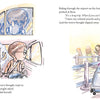 A girl excitedly looks out a car window with a stuffed rabbit, while at an airport, a boy with glasses pushes a suitcase topped with stuffed animals—charming scenes from "Traveling Rose" by Schiffer Publishing, Ltd.
