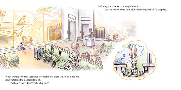 A girl waits in an airport, watching planes through big windows. Other passengers are nearby. In a thought bubble, her stuffed rabbit sits anxiously—mirroring the worries in "Traveling Rose" by Schiffer Publishing, Ltd.