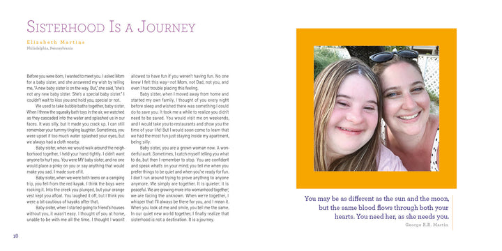 A magazine spread from "Reasons to Smile, 2nd Edition" by Schiffer Publishing, Ltd. features two smiling women framed in orange under the title "Sisterhood Is A Journey", with Down syndrome stories and a purple quote beneath their photo.