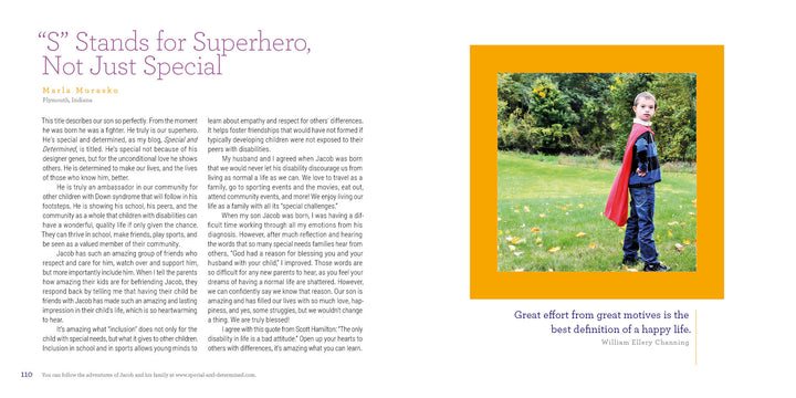 A young boy in a red cape and black outfit stands on grass, gazing sideways. Below is a quote about effort and motives. On the left is an article titled “‘S’ Stands for Superhero, Not Just Special” from Reasons to Smile, 2nd Edition by Schiffer Publishing, Ltd.
