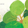 A rabbit holding a plate gazes at large green trees with falling leaves in this whimsical scene from The Tree in My Tuba by Schiffer Publishing, Ltd. Soft colors brighten the image, with text reading: And then a whole tree!.
