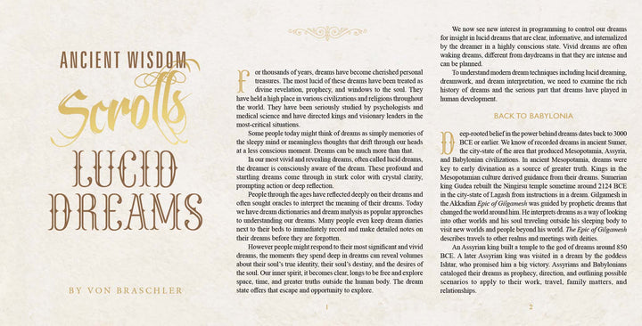 A magazine spread, Ancient Wisdom Scrolls, Lucid Dreams by Schiffer Publishing, Ltd., features vintage fonts and columns exploring dreams, past lives, their history, and cultural significance.