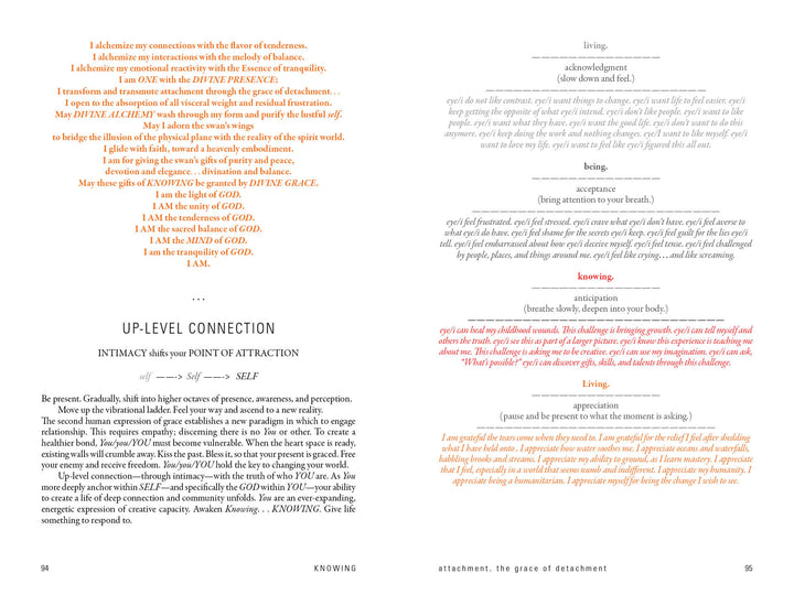 A two-page spread from "Knowing" by Schiffer Publishing, Ltd. features a red and orange poem on intimacy and identity on the left, while the right page discusses living, knowing, and self-realization with highlighted quotes in black, red, and orange.
