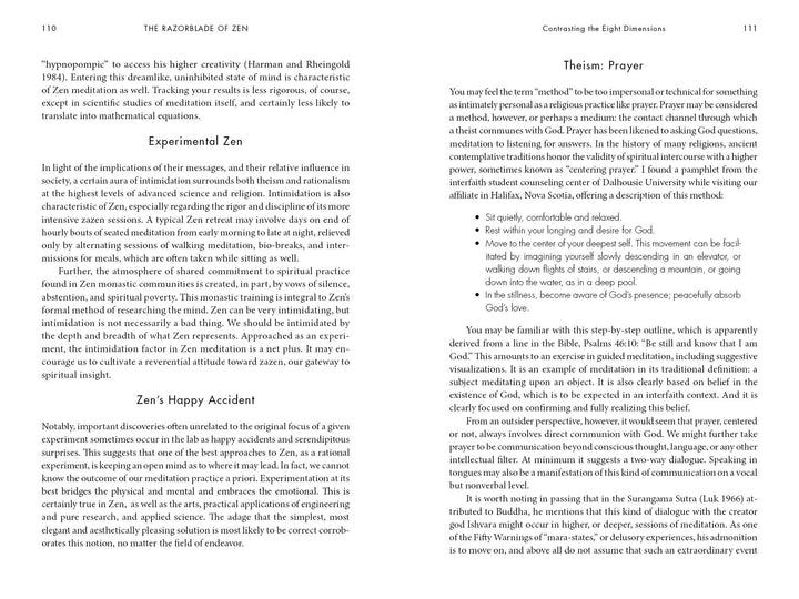 An open book from Schiffer Publishing, Ltd., titled The Razorblade of Zen, displays two pages: the left page explores Zen Buddhism and self-examination, while the right page is titled Theism: Prayer.
