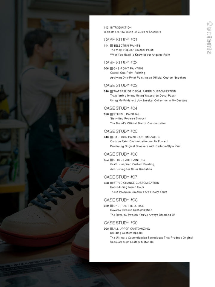 The contents page of "How to Customize Kicks" by Schiffer Publishing, Ltd. lists eight sneaker customization case studies covering one-point painting, partial and pattern customization, stencil and cartoon art, street art, hydro dipping, and airbrushing.