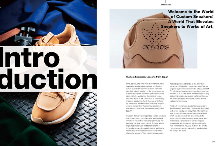 A tan custom sneaker with unique stitching rests on a black and red surface before layered blue and green fabric. Right-side text showcases “How to Customize Kicks” by Schiffer Publishing, Ltd., featuring a close-up of the heel.