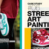 A split-image showcases teal-and-white NIKE sneakers held on the left and red-and-white sneakers on gravel to the right, with bold text: CASE STUDY #06 STREET ART PAINTING. Product: How to Customize Kicks by Schiffer Publishing, Ltd.