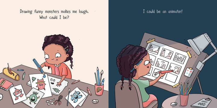 A child with braids draws funny monsters amid art supplies, inspired by "I Could Be" from Schiffer Publishing, Ltd. In the next panel, she imagines becoming an animator—her own STEAM board book story blooming.