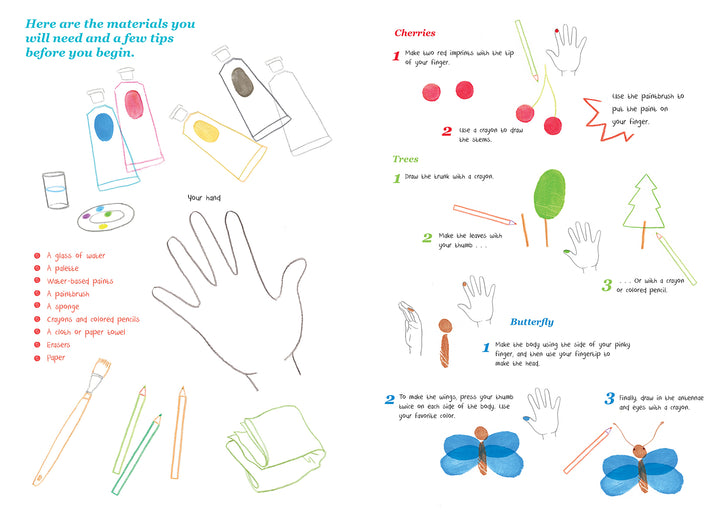 The "Finger Painting with Lili Activity Book" by Schiffer Publishing, Ltd. includes art supplies, a hand outline, and easy instructions to create cherries, trees, and a butterfly in red, green, blue, and yellow using simple finger painting techniques.