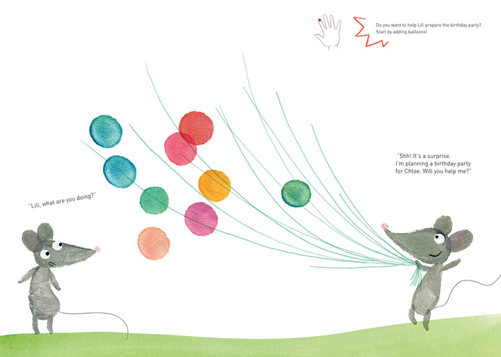 Two gray mice stand on grass—one surprised as the other releases balloons. They chat about creative art activities with Finger Painting with Lili Activity Book by Schiffer Publishing, Ltd., perfect for a surprise birthday party.
