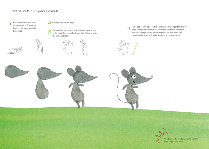 The Finger Painting with Lili Activity Book by Schiffer Publishing, Ltd. includes step-by-step illustrated instructions to make a handprint mouse, complete with images and drawings to guide your creative art activity.