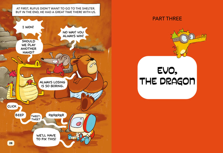 A page from "The Golden Dragon" by Schiffer Publishing, Ltd. shows animal friends playing a board game in a cave; the Golden Dragon shouts, “I win!” and the others debate, leading to “Part Three: Evo, the Dragon.”.