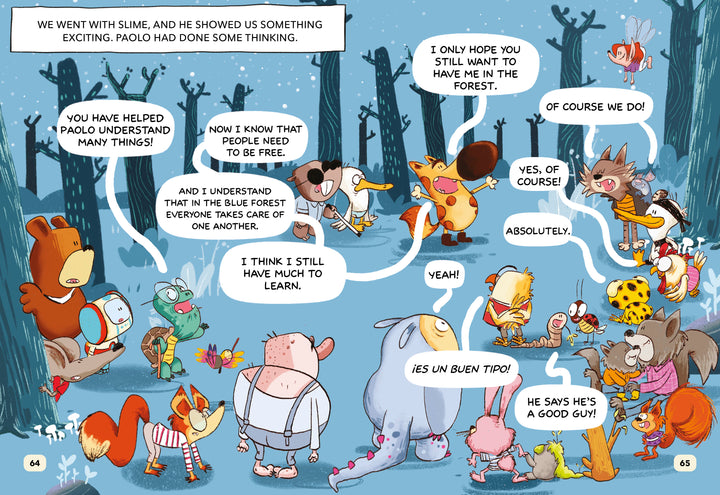 A group of animated woodland animals gathers in a forest, chatting happily in speech bubbles. Inspired by "Paolo, the Sheepdog" from Schiffer Publishing, Ltd., they sit and stand among the trees like characters from a young reader's graphic novel.