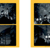 Four vintage black-and-white photos of a drummer at Cream’s 1968 concerts, set against a yellow background with a psychedelic backdrop, appear on two facing pages in "Cream: Clapton, Bruce & Baker Sitting on Top of the World" by Schiffer Publishing.