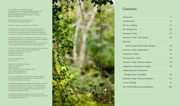 Land Art by Schiffer Publishing, Ltd. features delicate metal rods suspended among sunlit foliage, reflecting the artist’s vision. On the right, a table of contents appears on pale green, evoking natural artistic arrangements.