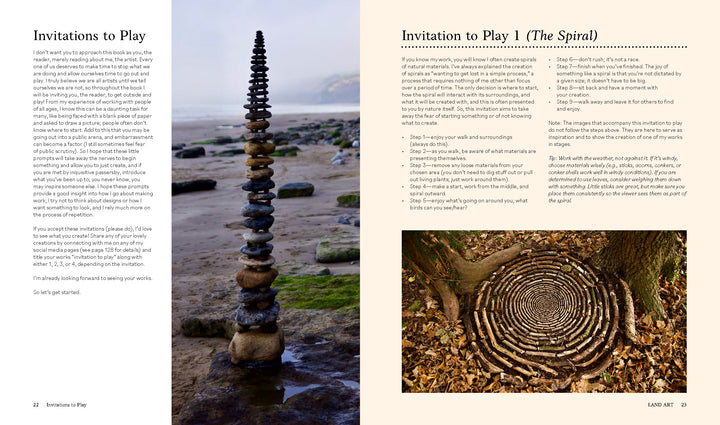 On the left, balanced stones rise on a rocky beach; on the right, a spiral of sticks and branches invites creative play—nature art from Land Art by Schiffer Publishing, Ltd., beautifully displayed in harmony with the environment.