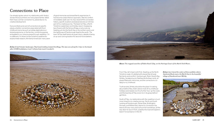 A magazine spread features photos from "Land Art" by Schiffer Publishing, Ltd., depicting pebbled beaches, cliffs, and natural art on sand, with text exploring nature art and personal connections to place.