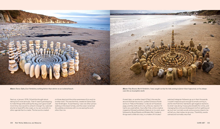 Two images from "Land Art" by Schiffer Publishing, Ltd. show circular sculptures of stacked rocks on sandy beaches. Each features balanced stones forming concentric rings near the water, with cliffs and the sea in the background.