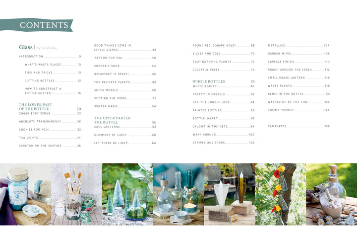 A table of contents from "Artfully Transforming Bottles & Plates" (Schiffer Publishing, Ltd.) lists glass craft topics and page numbers. Along the bottom are outdoor photos of creative glass bottle and plate projects for inspiration.