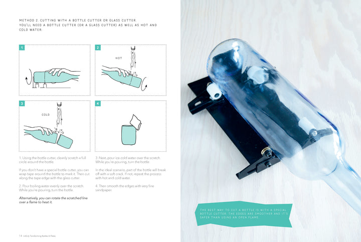 Step-by-step illustrated instructions from "Artfully Transforming Bottles & Plates" by Schiffer Publishing, Ltd. show how to cut a glass bottle using a cutter and water—ideal for upcycling crafts. Includes a photo with the bottle positioned in the cutter.