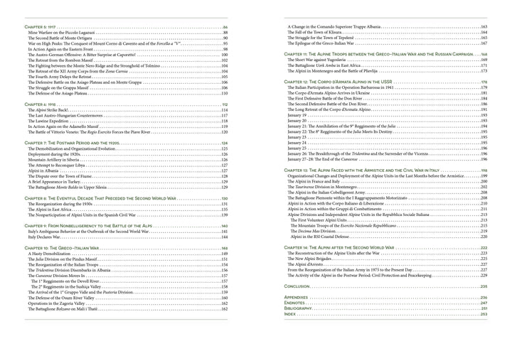 The table of contents in "Alpini: Italian Mountain Troops" by Schiffer Publishing, Ltd. features two columns, green headings, and black text on white, with dotted page numbers for topics like Alpini history and World War I Alps campaigns.