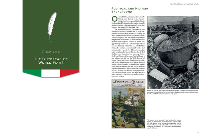 An open spread from "Alpini: Italian Mountain Troops" by Schiffer Publishing, Ltd. shows Chapter 2: The Outbreak of World War I on the left, and on the right, war text, a photo of destroyed equipment, and an illustration of Italian mountain troops.