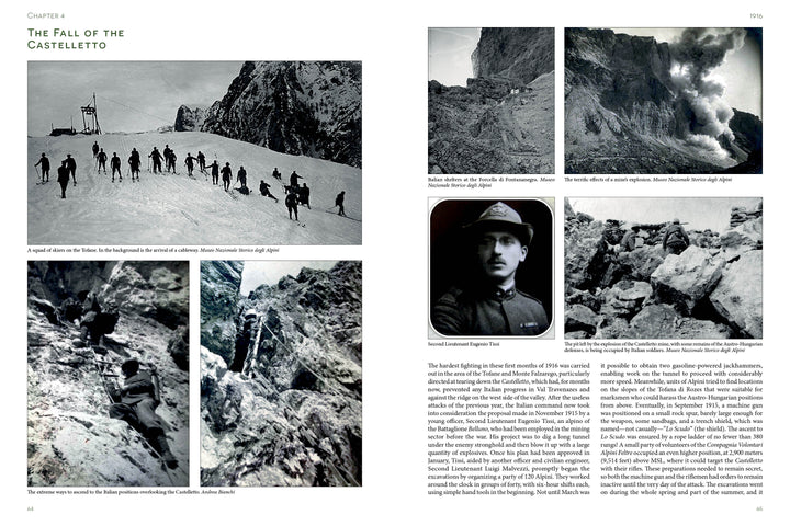 The two-page spread from "Alpini: Italian Mountain Troops" (Schiffer Publishing, Ltd.) features photos of mountain climbs, troop portraits, and explores Alpini history during WWI at Tofana di Rozes and the Castelletto.