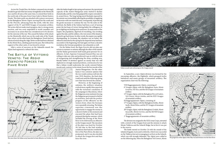 A two-page spread from *Alpini: Italian Mountain Troops* by Schiffer Publishing features text on the Battle of Vittorio Veneto, with a wartime mountain photo at the top right and two black-and-white tactical maps at the bottom.