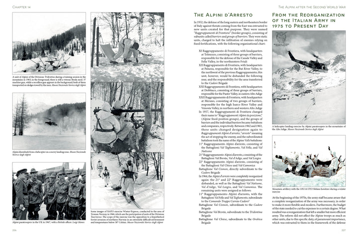 A two-page spread from Alpini: Italian Mountain Troops (Schiffer Publishing, Ltd.) shows black-and-white photos of Italian mountain troops in snowy terrain and a helicopter, with text about Alpini history and post-1975 reorganization.
