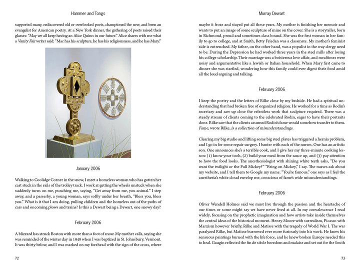 Two pages from "Hammer and Tongs" by Schiffer Publishing, Ltd. display essays on art, poetry, and reflections alongside a photo of an ornate gold-and-black mechanical clock with gears and a bell.