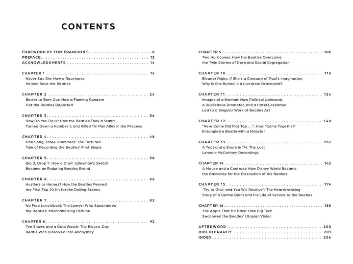The table of contents for "The Beatles: Fab but True" by Schiffer Publishing, Ltd. features chapters on the Beatles’ history, music, challenges, influence, and society, plus foreword, acknowledgments, afterword, bibliography, and index sections.