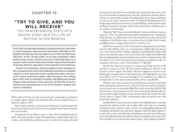 Chapter 15 of The Beatles: Fab but True by Schiffer Publishing, Ltd. delves into Beatles history, highlighting Mal Evans—the devoted roadie whose close bond with the band played a key role in their story.