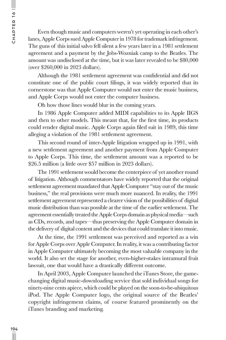 A vertically aligned page from Schiffer Publishing, Ltd.'s "The Beatles: Fab but True" covers Apple Computers' early history, legal disputes, MIDI compatibility, the 1981 settlement, digital music views, and Beatles-related stories.