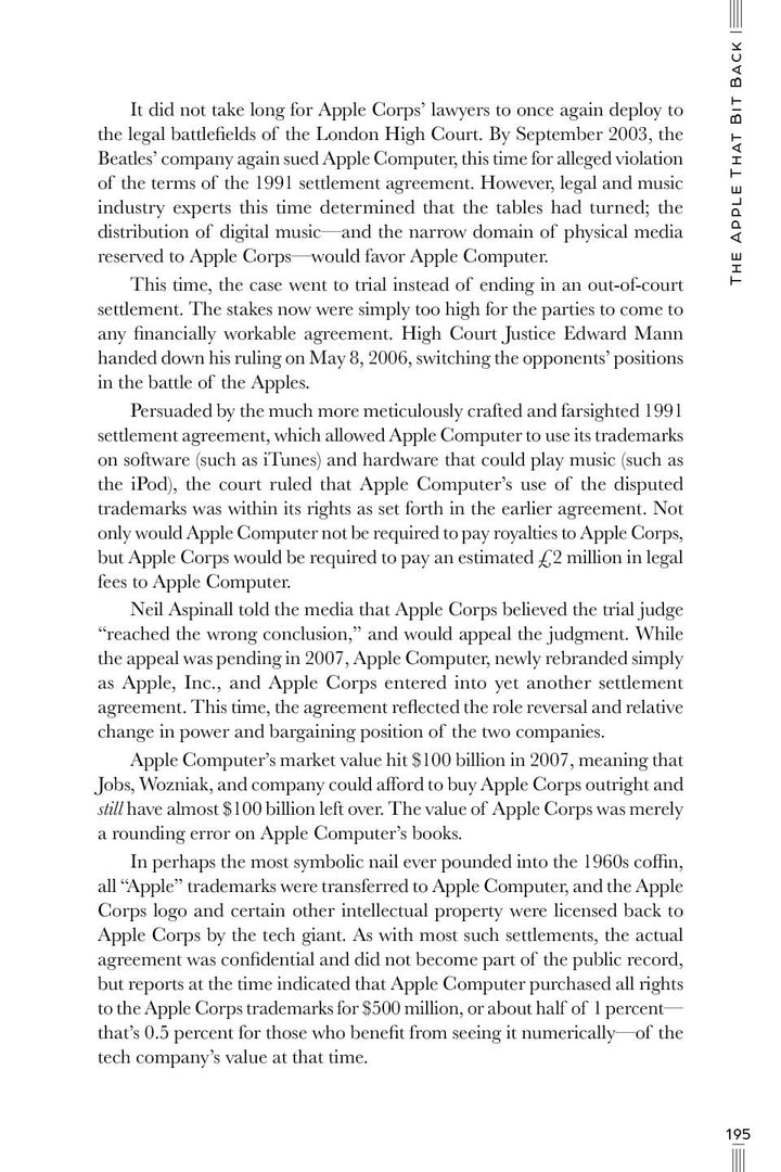 A page from "The Beatles: Fab but True" by Schiffer Publishing, Ltd. covers the 2003 Apple Corps vs. Apple Computer lawsuit, featuring printed text, a vertical sidebar, and lesser-known Beatles stories woven into the account.