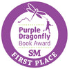 A circular purple badge for Geraldine and the Most Spectacular Science Project by Schiffer Publishing, Ltd., features a dragonfly, a young inventor’s silhouette with a string, and “Purple Dragonfly Book Award SM FIRST PLACE.”.