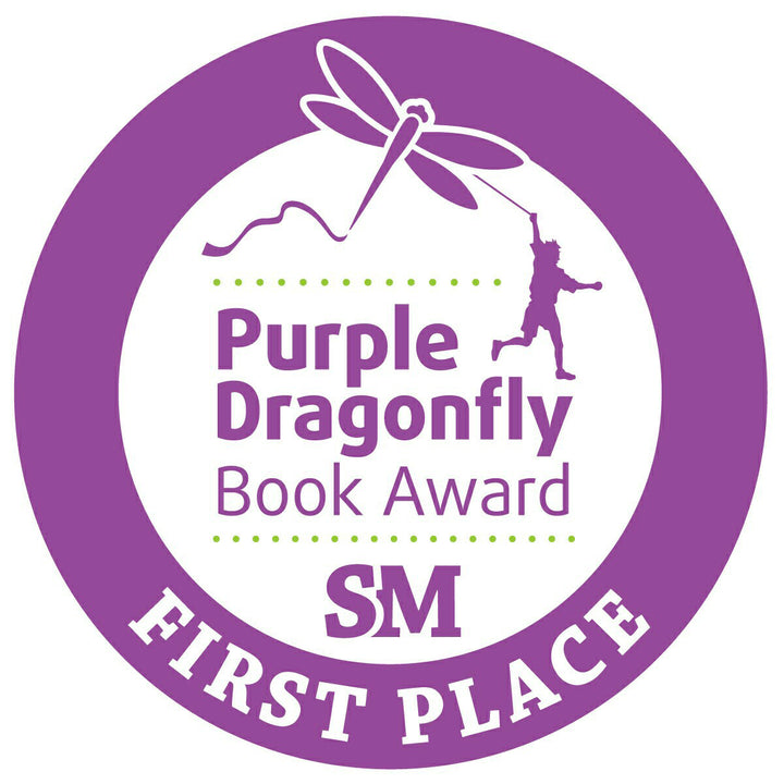 A circular purple badge with a dragonfly and a person holding a string. Text: "Purple Dragonfly Book Award SM First Place," honoring Schiffer Publishing, Ltd.'s graphic novel "Marvin.
