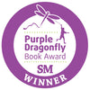 A purple circular badge features a dragonfly, a child holding its tail, and the text: Purple Dragonfly Book Award SM Winner for "Geraldine and the Anti-Bullying Shield" by Schiffer Publishing, Ltd.—celebrating creativity.
