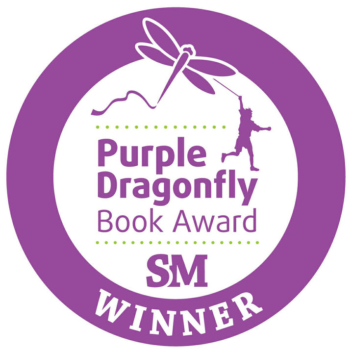A purple circular badge with a dragonfly and a child’s silhouette. Text reads: Purple Dragonfly Book Award SM WINNER—perfect for fans of Geraldine and the Space Bees by Schiffer Publishing, Ltd., and stories about inventing for kids.